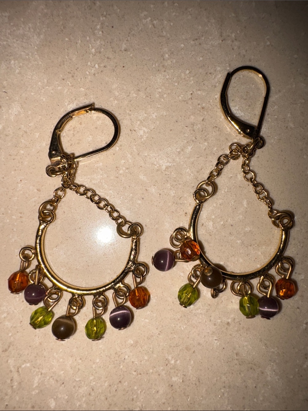 Gold-Tone Multi-Bead Dangle Hoop Earrings - Purple, Orange & Green